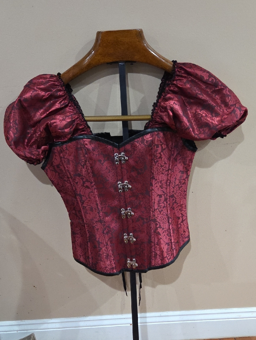 Crimson Brocade Puff Sleeve Corset Top